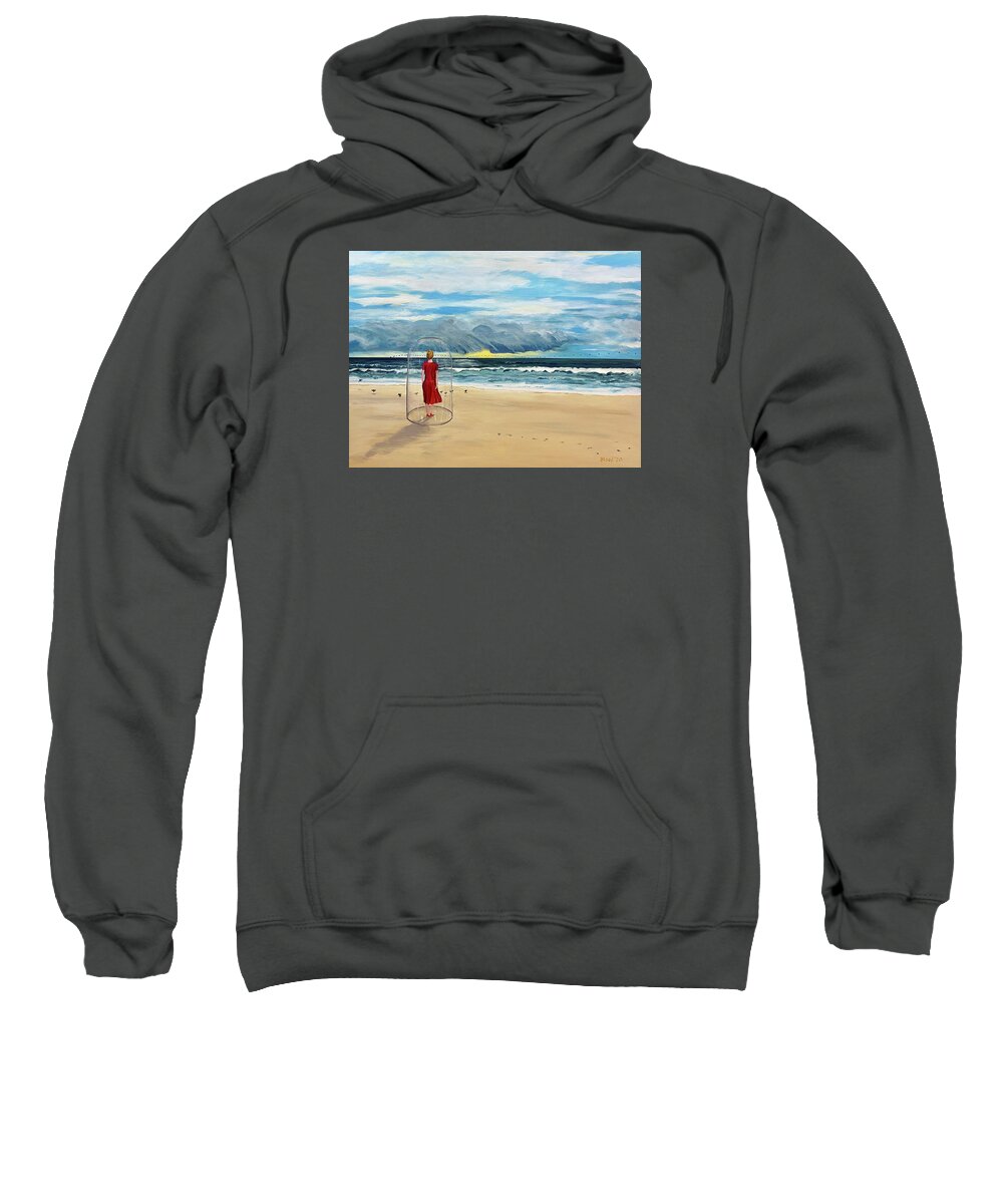 Girl In A Bell Jar Sweatshirt featuring the painting Covid Beach by Thomas Blood