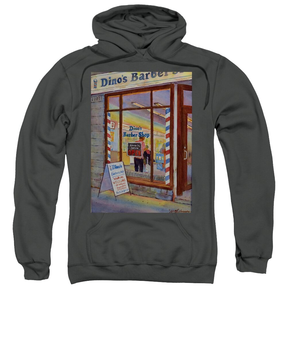 Canada Sweatshirt featuring the painting Dino's Barbershop by David Gilmore