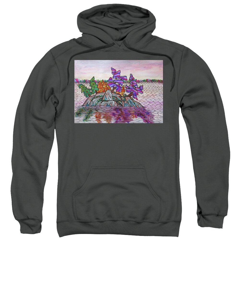 Landscape Island Abstract Bag Mask Decor Office Colour Trees Outdoor Ontario Canada Purple Blue Sweatshirt featuring the mixed media Dream Island by Bradley Boug
