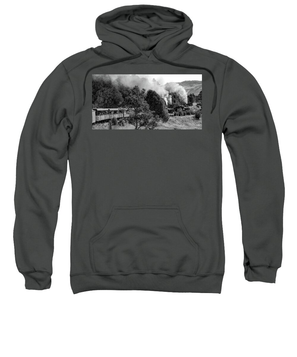 Durango Train Sweatshirt featuring the photograph Durango Colorado Train Blowing Smoke - Panoramic Monochrome Format by Gregory Ballos