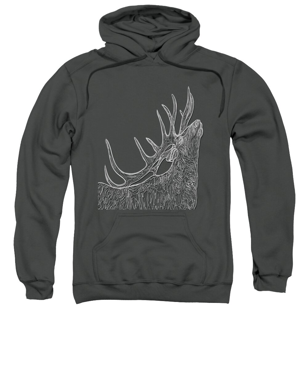Drawing Sweatshirt featuring the painting Elk Whisperer White Line Drawing Silhouette Black Background by Lena Owens - OLena Art Vibrant Palette Knife and Graphic Design