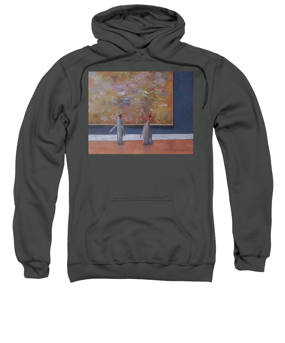Emperor Penguins Sweatshirt featuring the painting Emperors Enjoy Monet by Marguerite Chadwick-Juner
