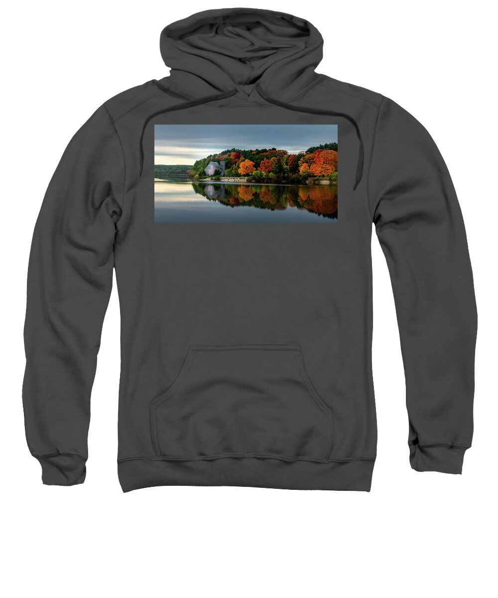 Autumn Sweatshirt featuring the photograph Fall colors and reflections at the Old Stone Church 2a by Dimitry Papkov