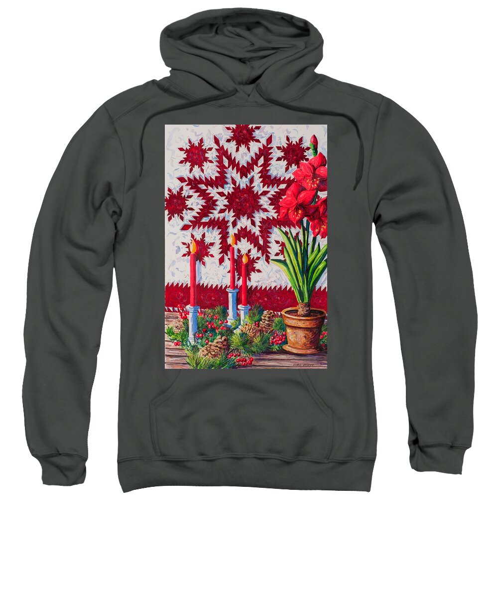 Feathered Star Quilt And Amaryllis Flower Sweatshirt featuring the painting Feathered Star Quilt by Diane Phalen