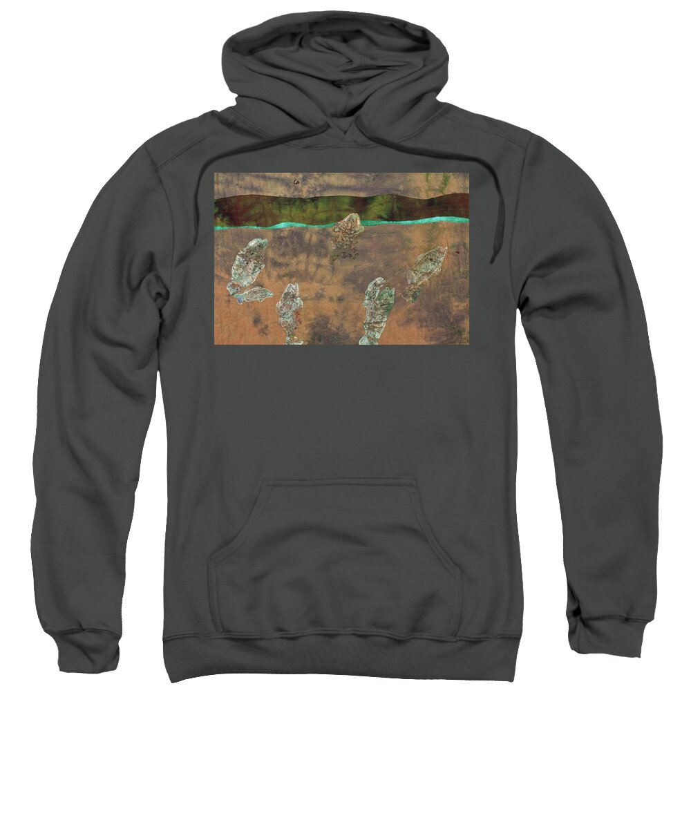 Fiber Art Sweatshirt featuring the mixed media Fish and Game 3 by Vivian Aumond