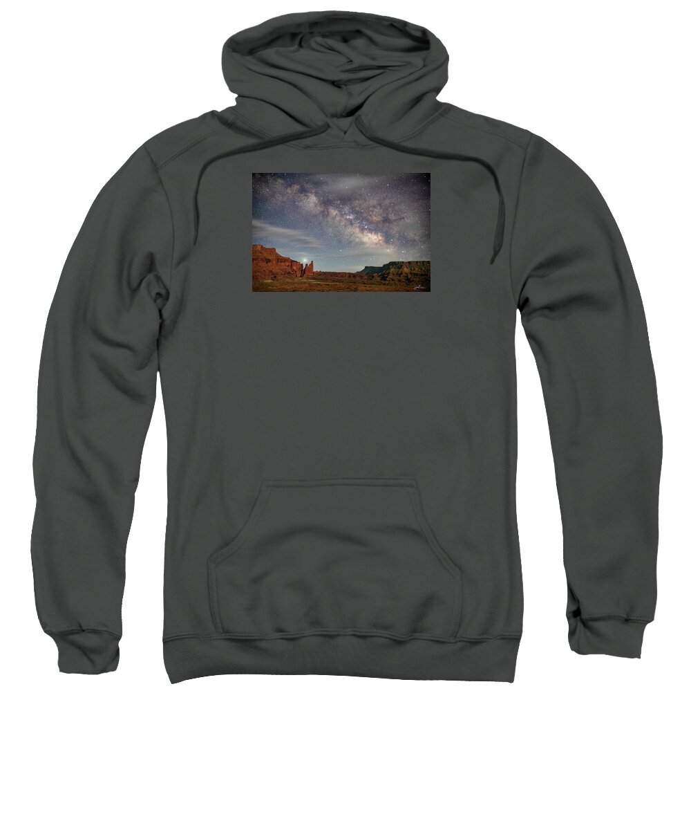 Moab Utah Desert Colorado Plateau Milky Way Night Professor Valley Castle Valley Sweatshirt featuring the photograph Fisher Towers and the Milky Way by Dan Norris