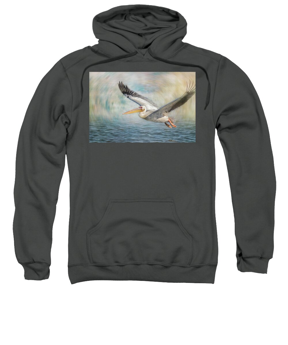 Great White Pelican Sweatshirt featuring the photograph Flight of a Great White Pelican by Belinda Greb