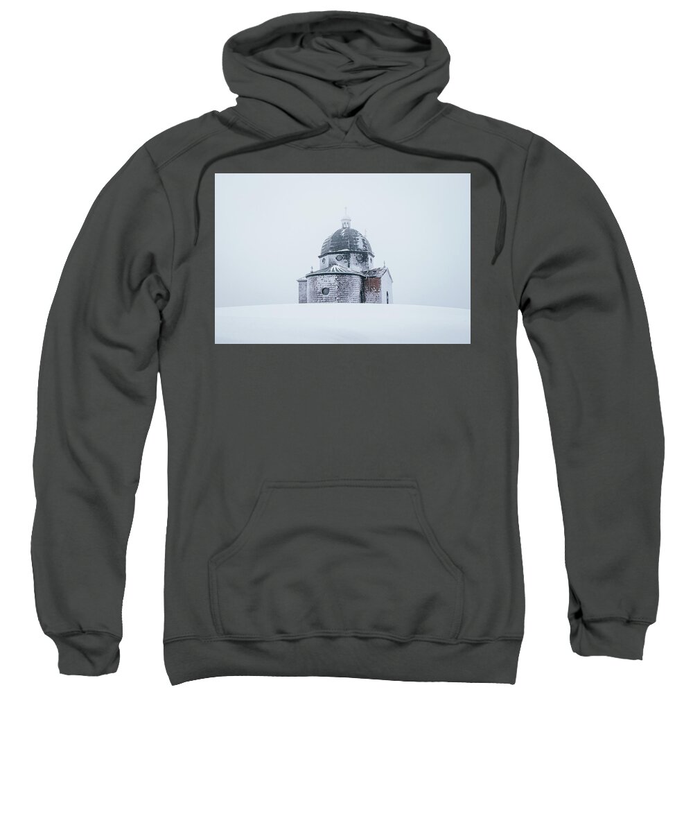 Radhost Sweatshirt featuring the photograph Frozen historical chapel - White colour by Vaclav Sonnek