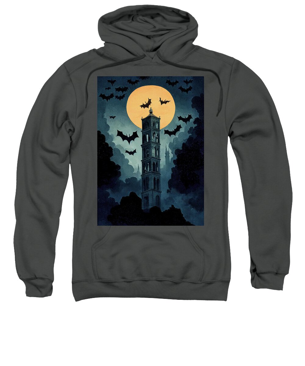 Bats Sweatshirt featuring the digital art Full Moon And Bats - Ruined Bell Tower by Mark Tisdale