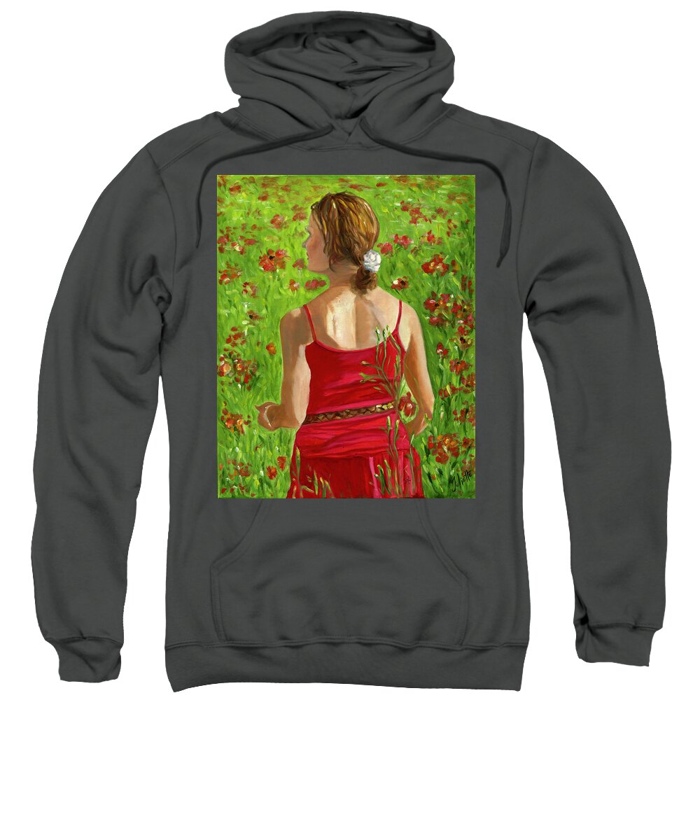 Woman Sweatshirt featuring the painting Girl in Poppy Field by Juliette Becker