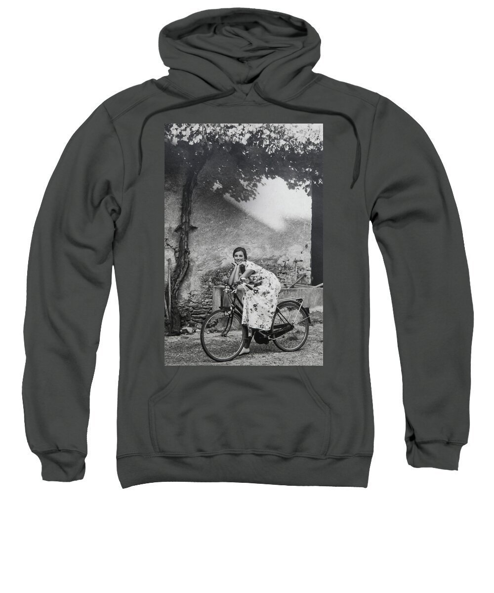 Girl Sweatshirt featuring the photograph Girl on a Bicycle 1987 by Steve Ladner