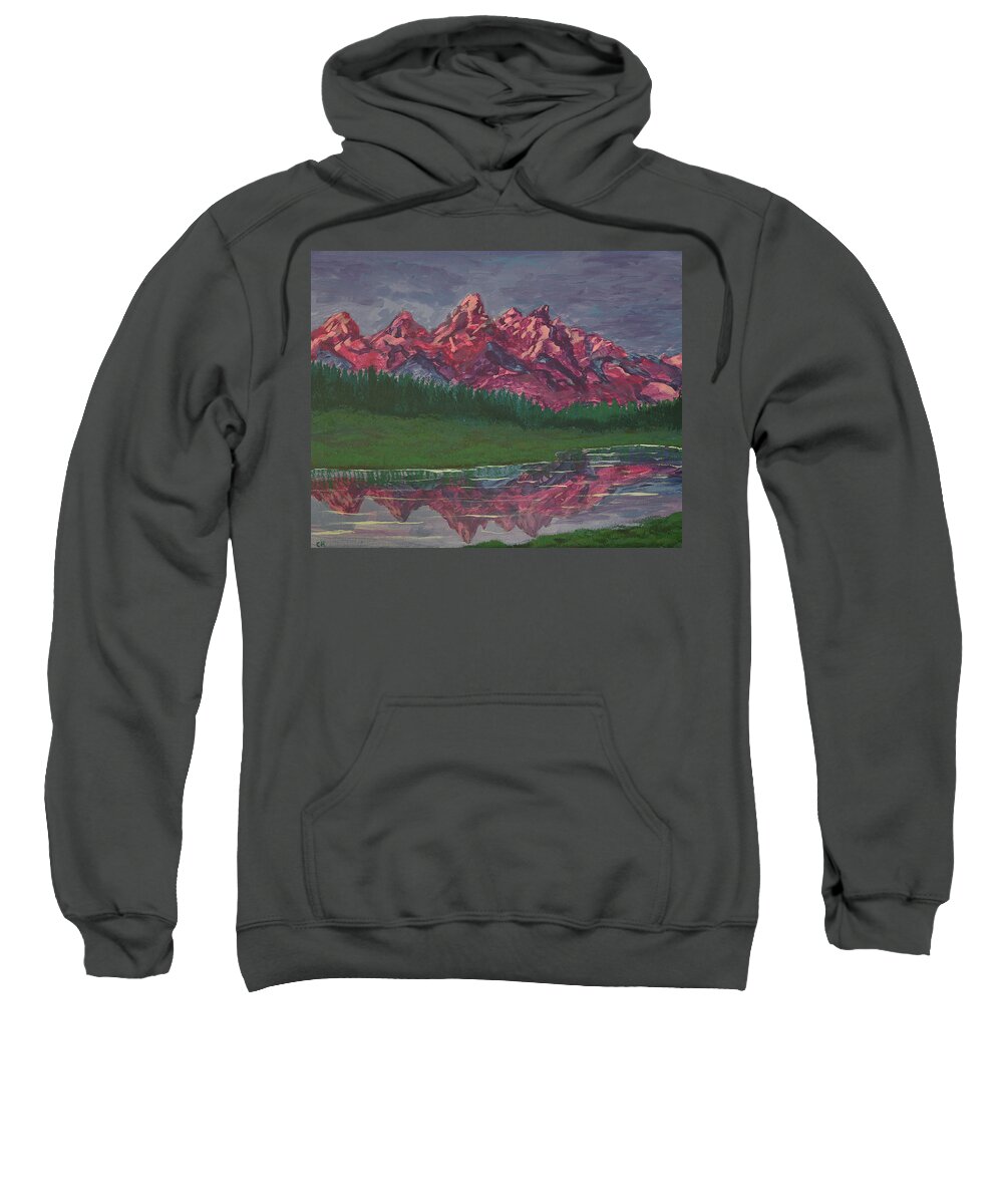Grand Teton Sweatshirt featuring the painting Grand Teton, Wyoming Sunrise Reflection by Chance Kafka