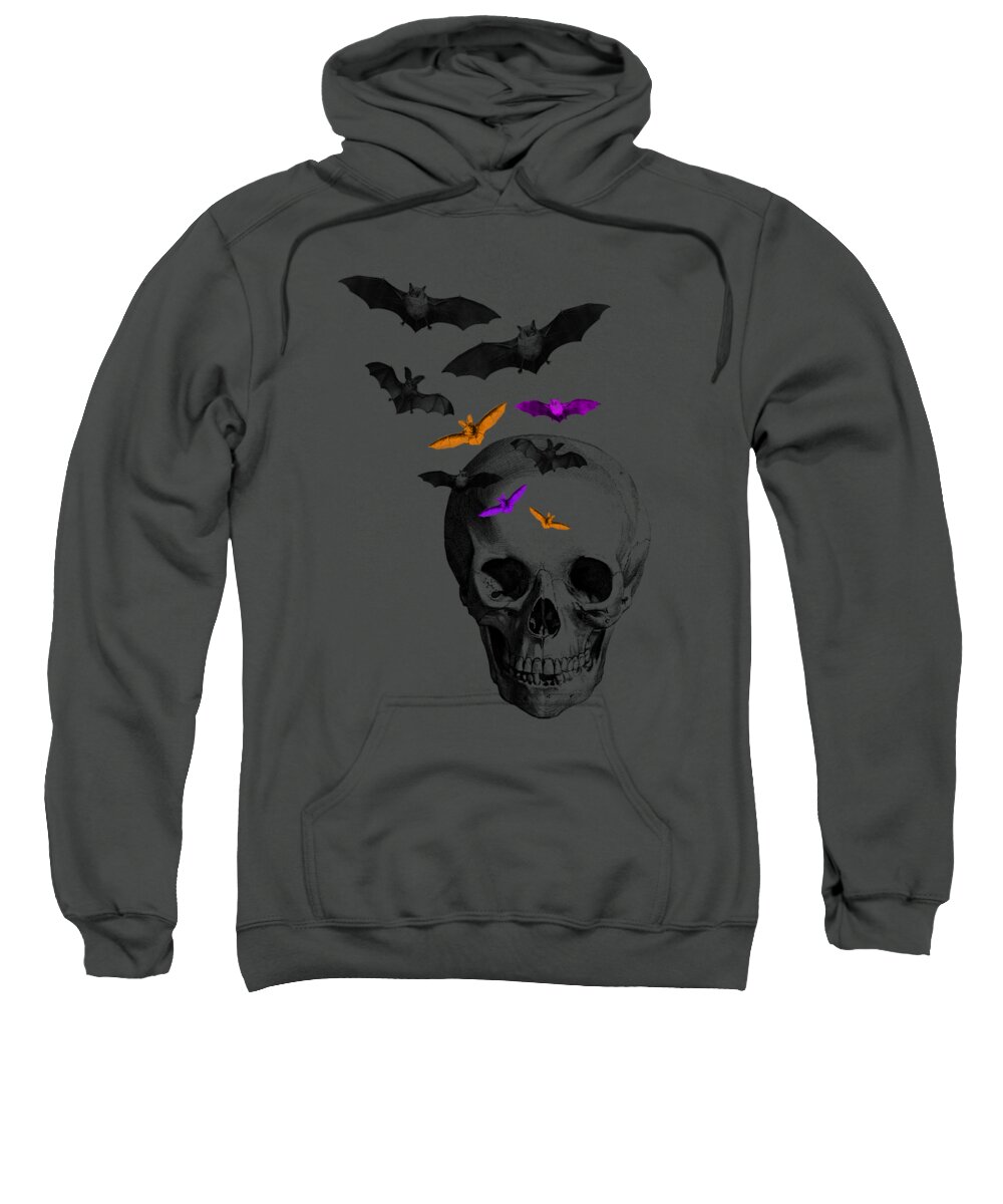 Bat Sweatshirt featuring the digital art Halloween Skull with Bats by Madame Memento