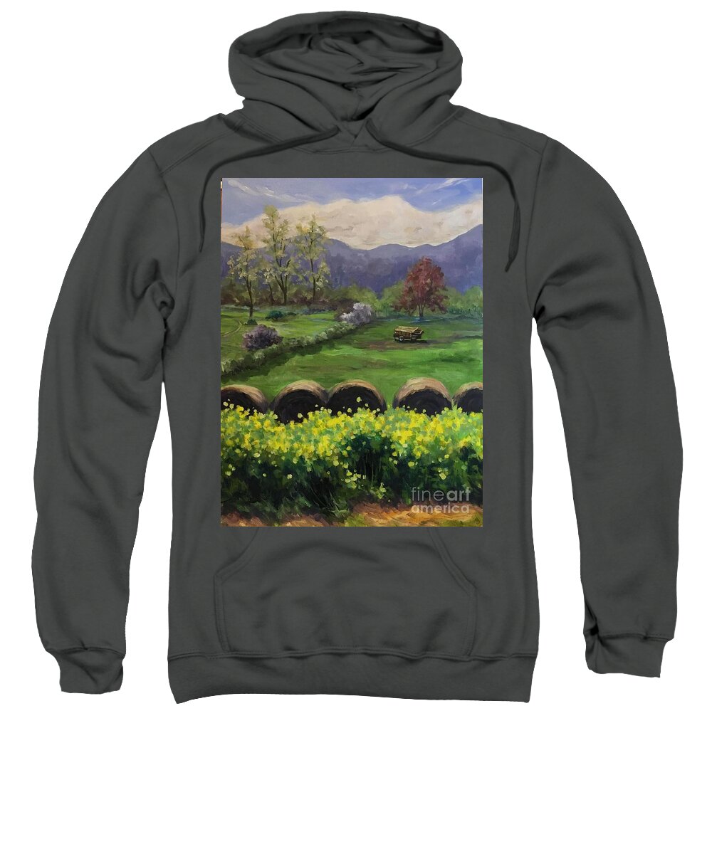 Farm Sweatshirt featuring the painting Herb Mountain Farm Hayrolls by Anne Marie Brown