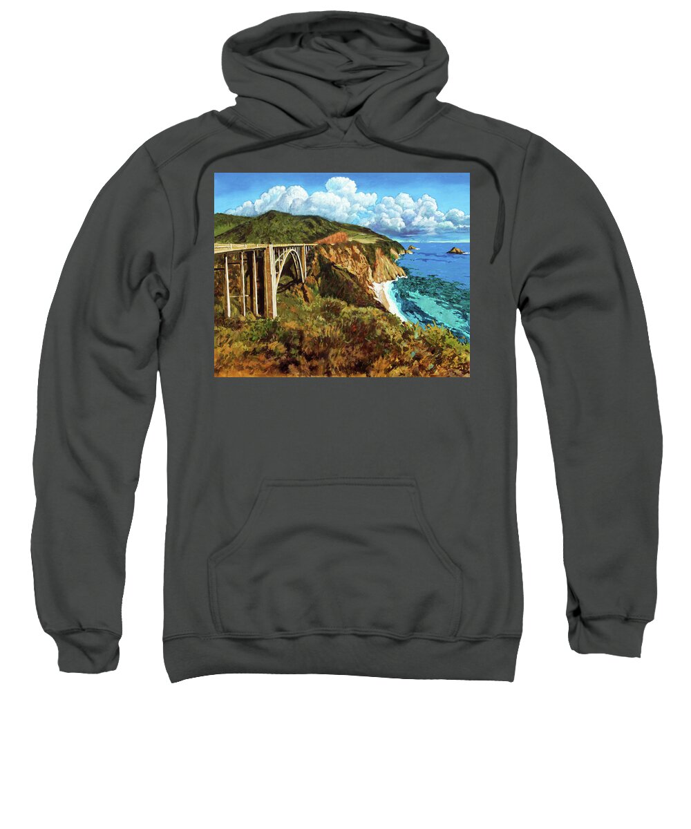 Highway One Sweatshirt featuring the painting Highway 1 Bridge by John Lautermilch