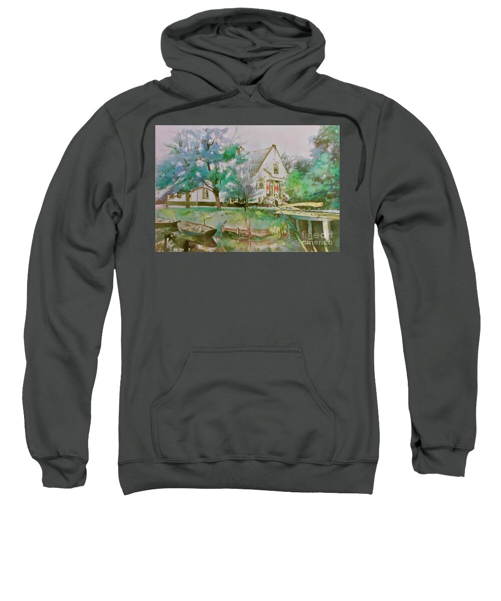 #holland #canal #tranquil #hollandtranquilcanal #watercolor #watercolorpainting #countryhouse #boats #trees #trees #glenneff $thesoundpoetsmusic #picturerockstudio #onlocationpainting Sweatshirt featuring the painting Holland Tranquil Canal by Glen Neff