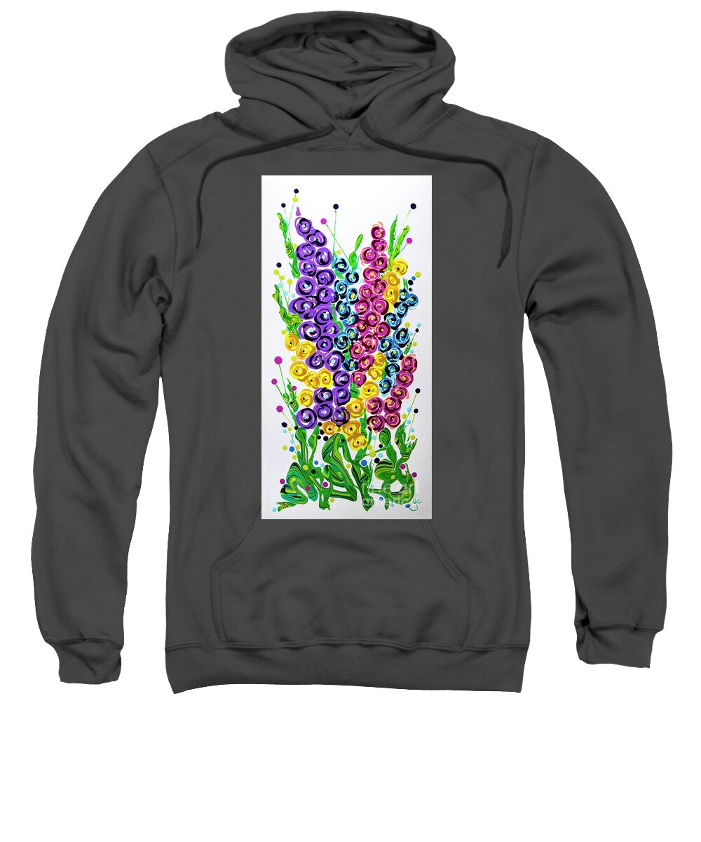 Abstract Flower Painting Sweatshirt featuring the painting Hollyhocks Blast by Jane Crabtree