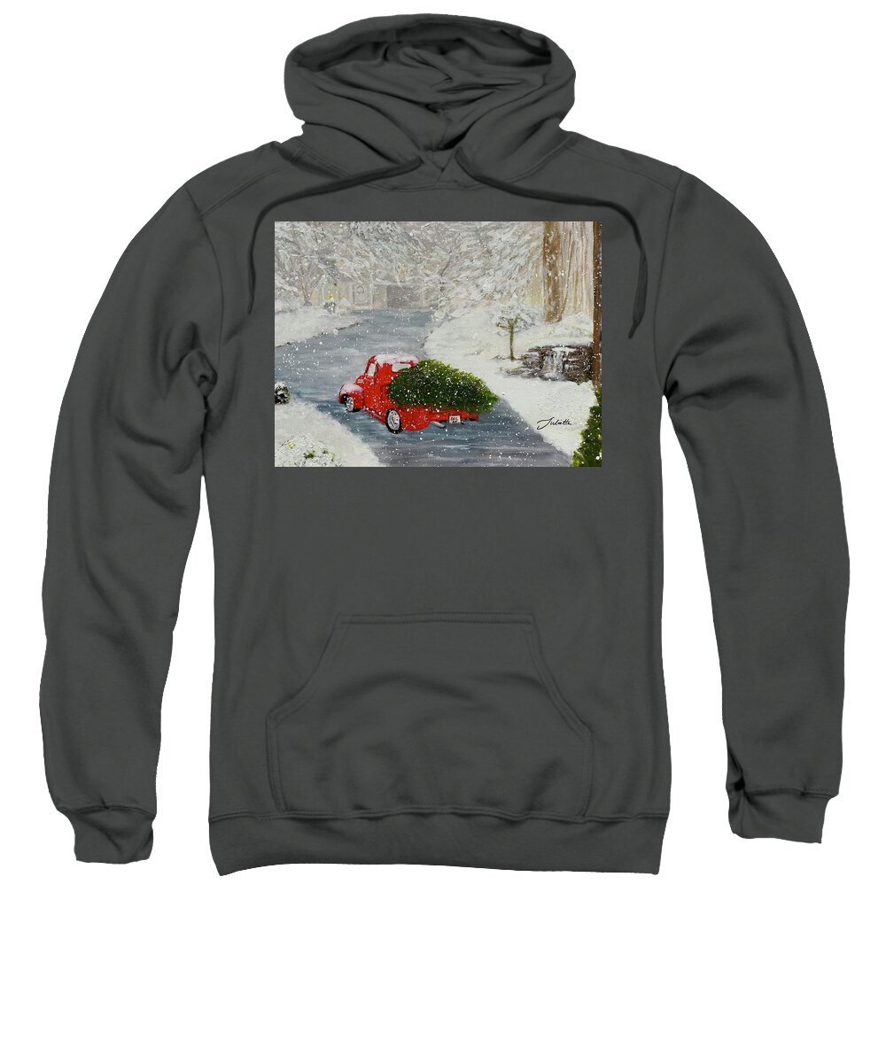 Red Truck Sweatshirt featuring the painting Home For Christmas by Juliette Becker