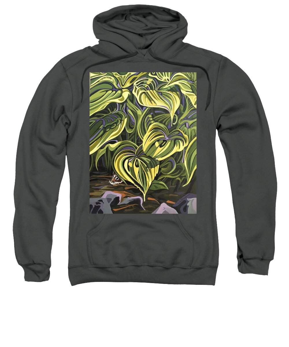 Chipmunk Sweatshirt featuring the painting Hosta Hideaway for the Chipper by Pam Veitenheimer