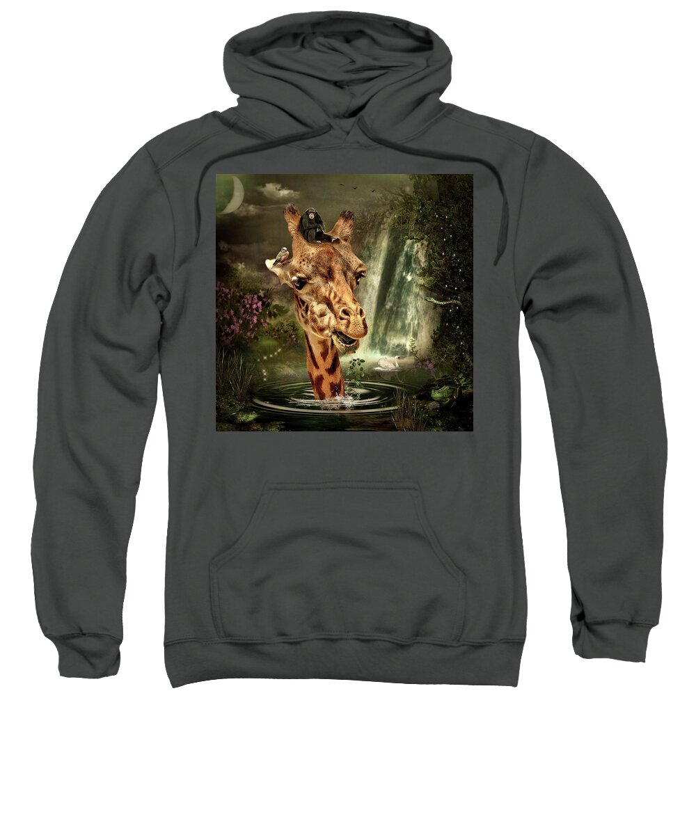 Giraffe Sweatshirt featuring the digital art In the Lake by Maggy Pease