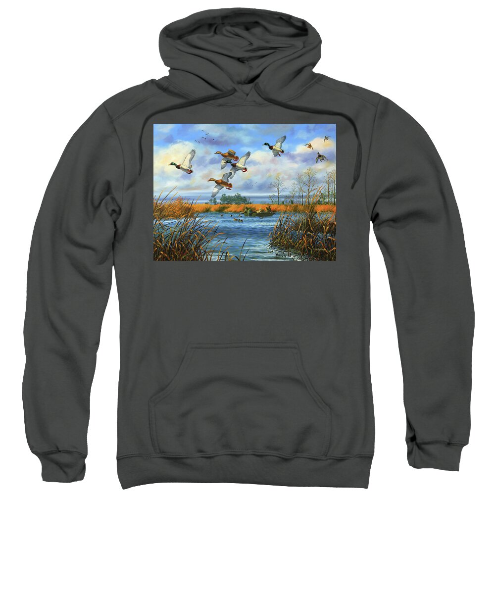 Mallards Sweatshirt featuring the painting It Never Fails by Guy Crittenden