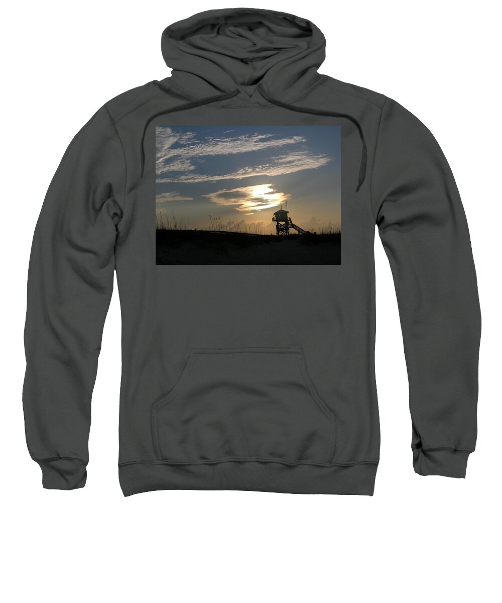 Photography Of The Beach Sweatshirt featuring the photograph Lifeguard tower at dawn by Julianne Felton