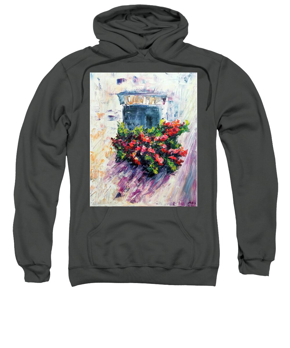 Balcony Flowers Sweatshirt featuring the painting Roses balcony gardens by Natalja Picugina