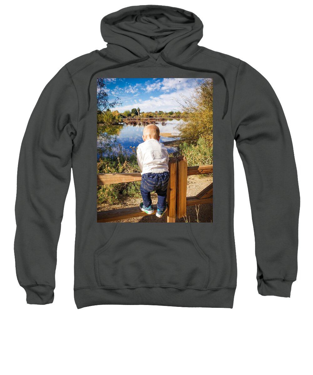 Boy Sweatshirt featuring the photograph Little Climber - Boy Climbing Wooden Fence by Bonny Puckett
