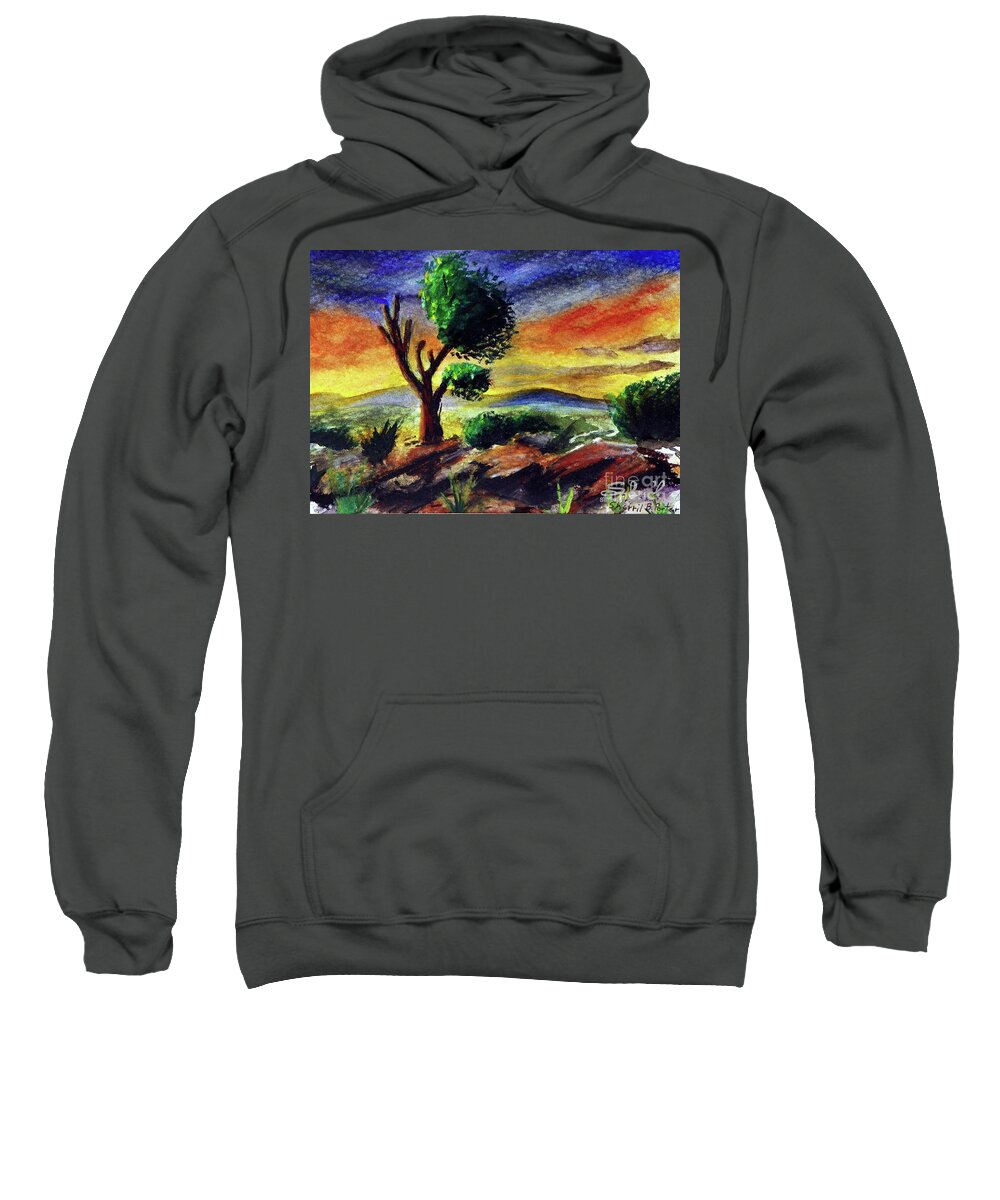 Sherril Porter Sweatshirt featuring the painting Lone Tree at Sunset by Sherril Porter