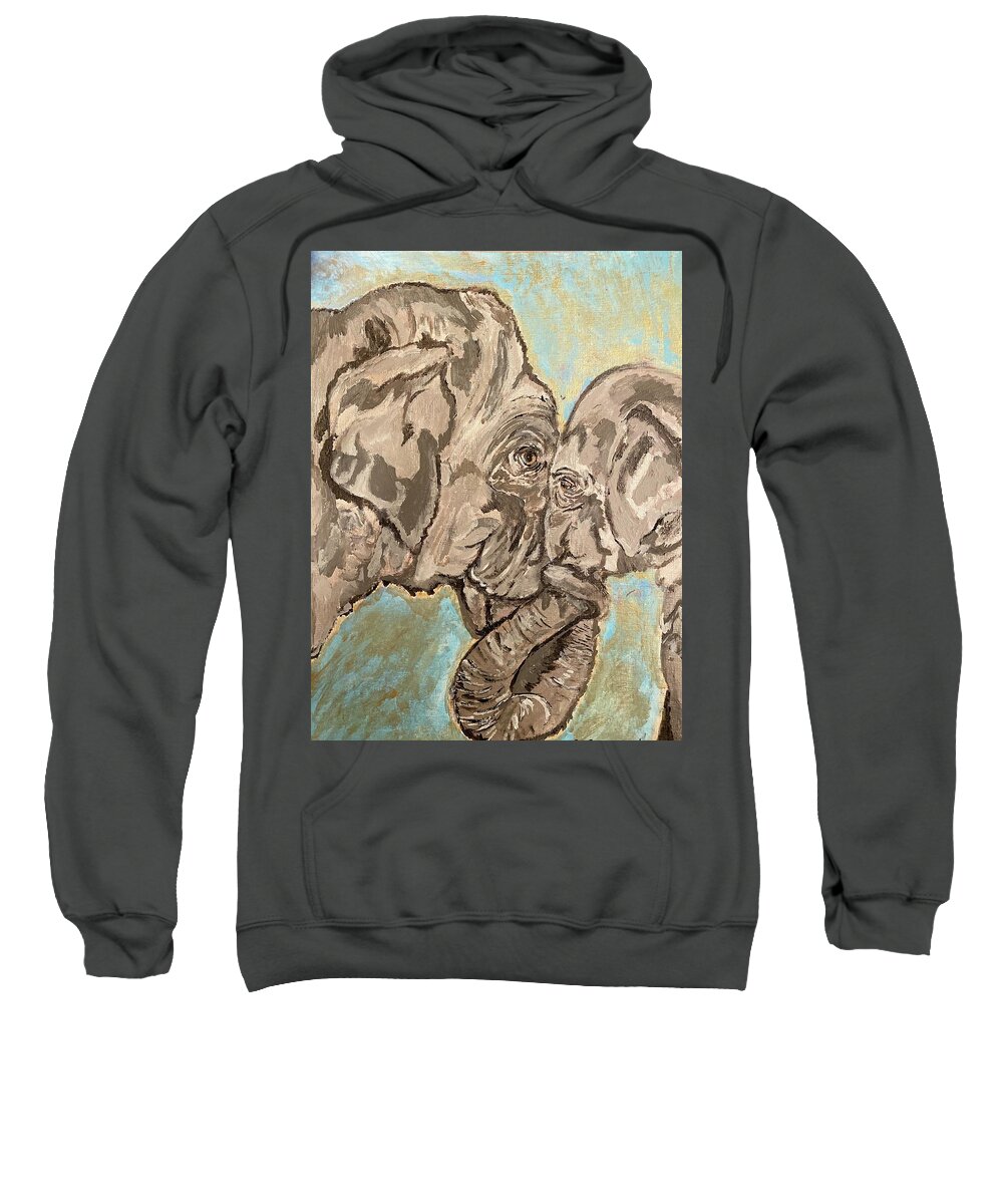 Mother And Baby Elephant Sweatshirt featuring the painting Elephant Mother And Baby Trunks Entangled by Melody Fowler