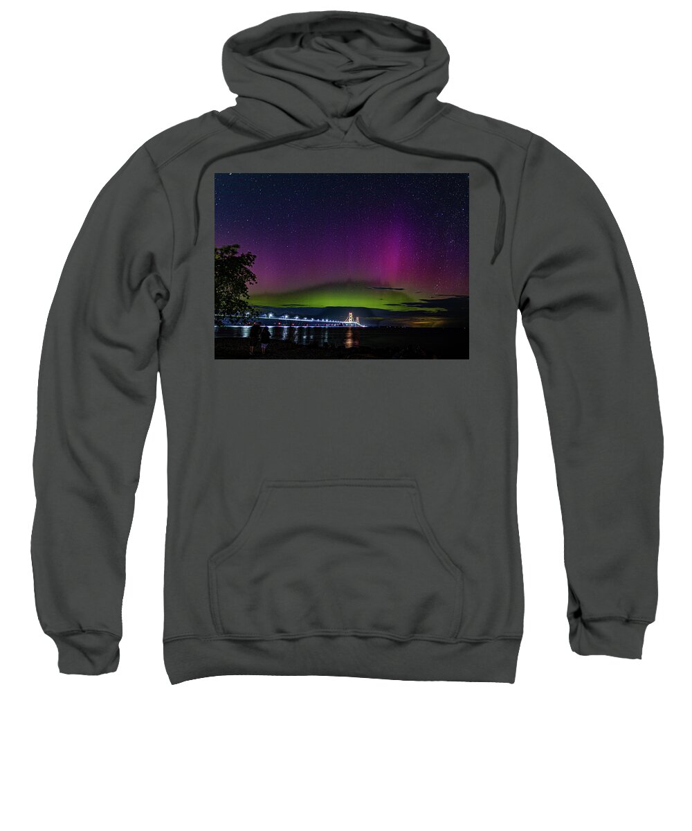 Aurora Sweatshirt featuring the photograph Mackinaw Bridge with Lady Aruora by Joe Holley