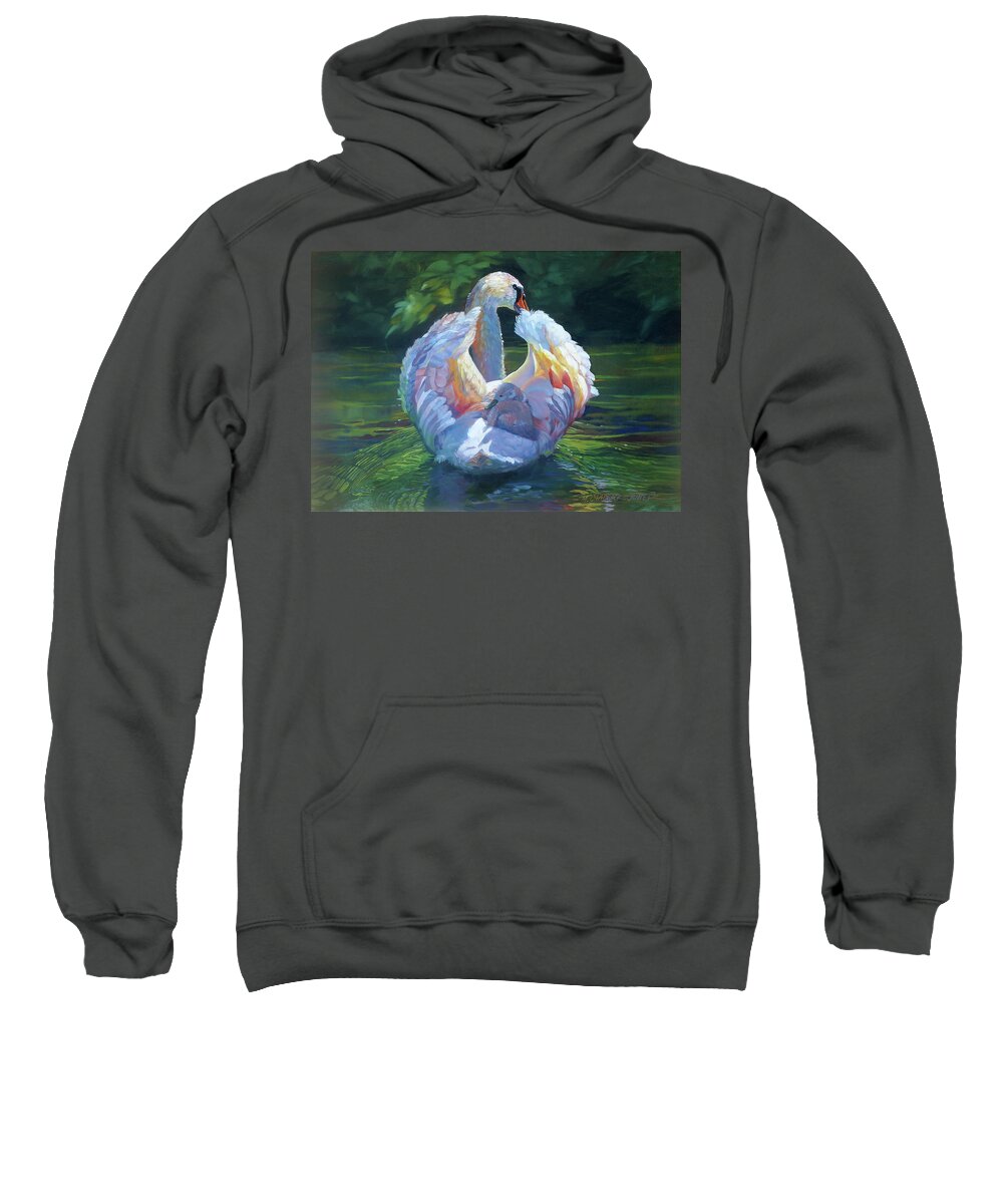 Swan And Cygnet Sweatshirt featuring the painting Mama's Soft Embrace by Marguerite Chadwick-Juner