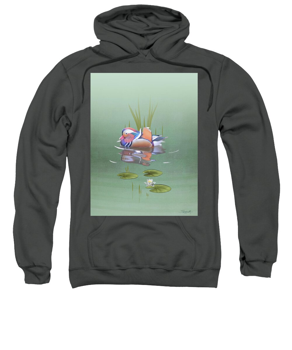 Bird Sweatshirt featuring the digital art Mandarin Duck and Lotus Flower by M Spadecaller