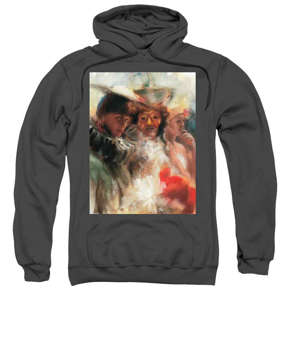 Dramatic Figurative Sweatshirt featuring the painting Masquerade by Roxanne Dyer