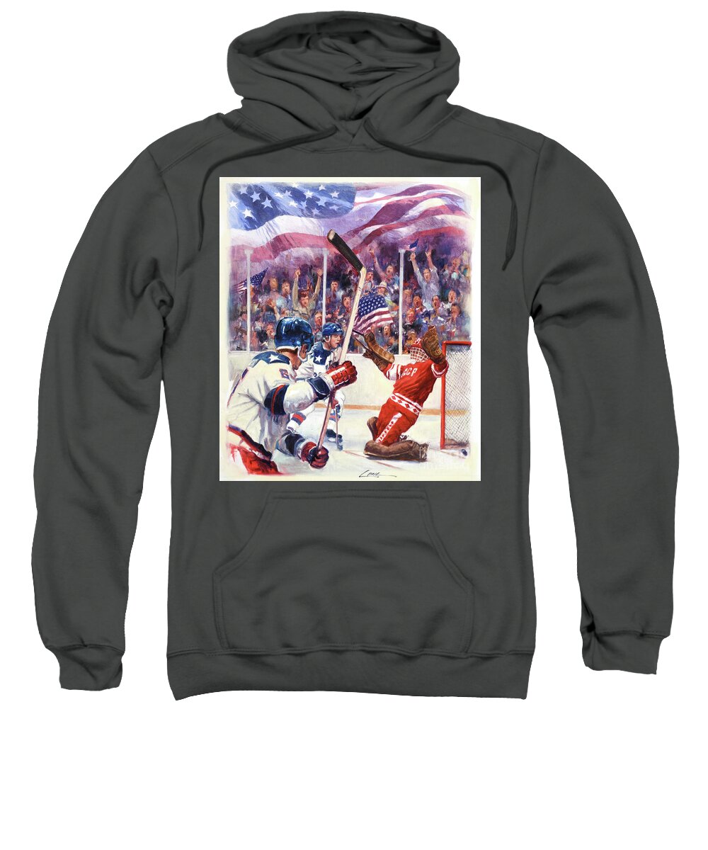 Dennis Lyall Sweatshirt featuring the painting Miracle On Ice - USA Olympic Hockey Wins Over USSR by Dennis Lyall