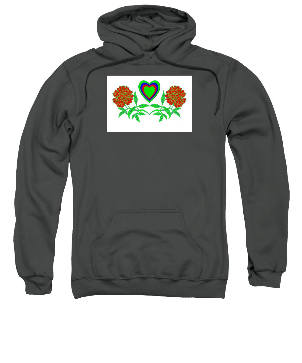 Mirrored Chrysanthemums And Hearts Sweatshirt featuring the digital art Mirrored Chrysanthemums and Hearts by Rose Santuci-Sofranko