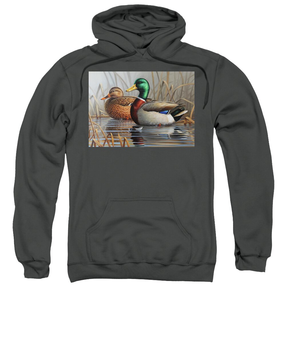 Mallard Paintings Sweatshirt featuring the painting Misty Hideaway by Guy Crittenden