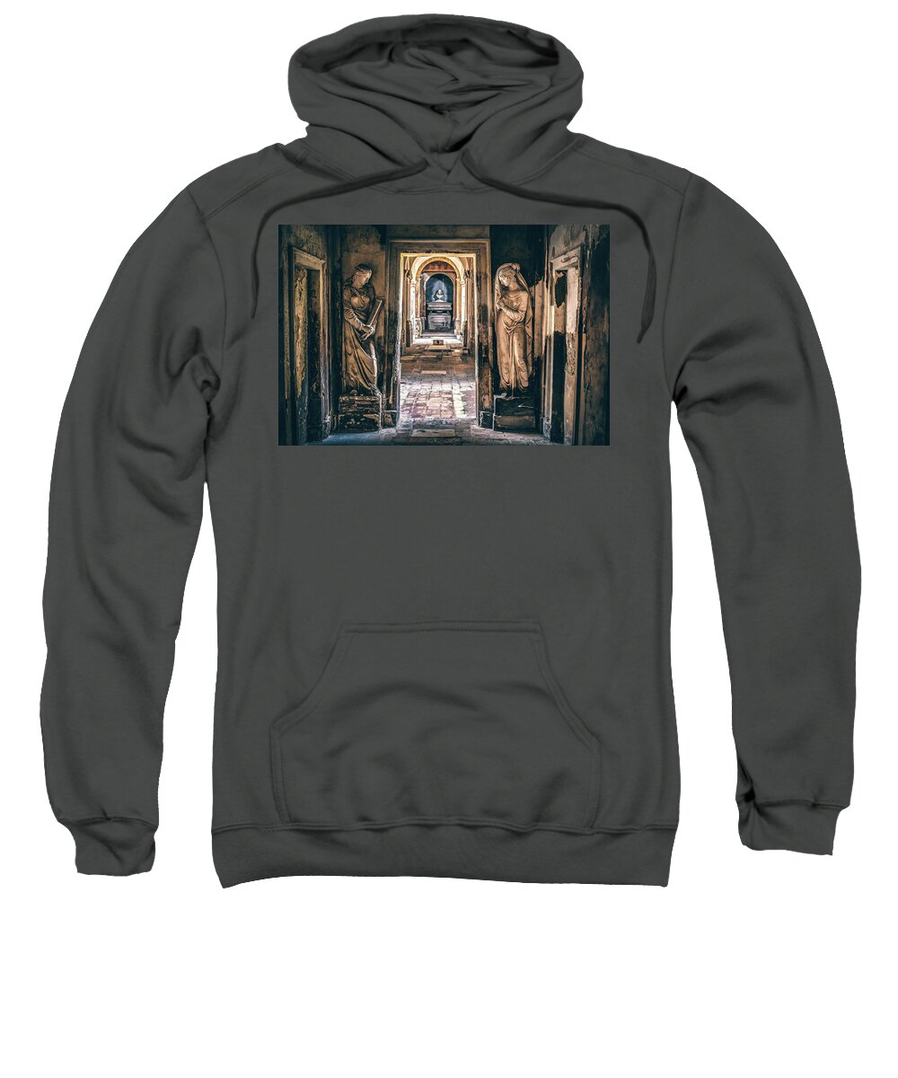 Monumental Sweatshirt featuring the photograph Monumental Cemetery Symmetrical Corridor Background Of Mysterious Places by Luca Lorenzelli