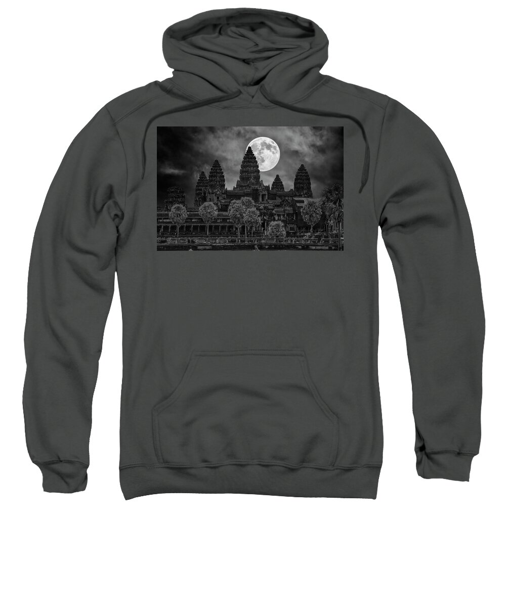 Cambodia Sweatshirt featuring the photograph Moon Over Angkor Wat Temples Black White by Chuck Kuhn