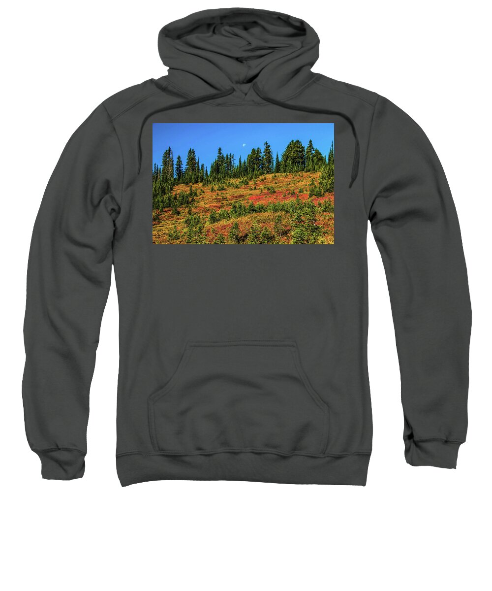 Mount Rainier National Park Sweatshirt featuring the photograph Moon Over Paradise by Doug Scrima