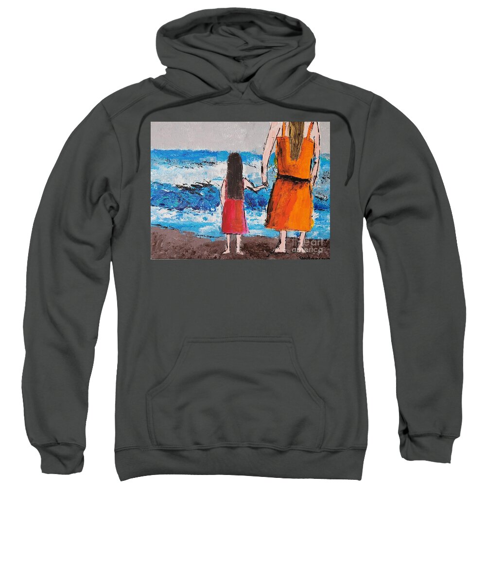  Sweatshirt featuring the painting The Mother Daughter at the Beach by Mark SanSouci