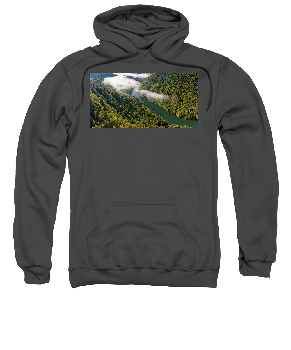 Aerial Sweatshirt featuring the photograph Narrow gorge of the Cheat River with mist by Steven Heap