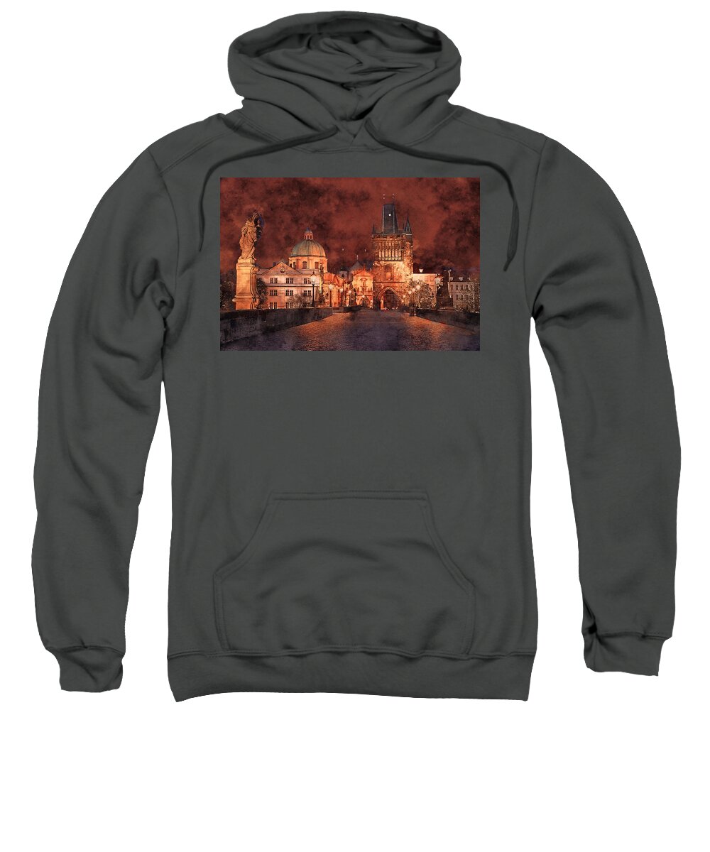 Prague Sweatshirt featuring the painting Night at Charles Bridge in Prague by Alex Mir