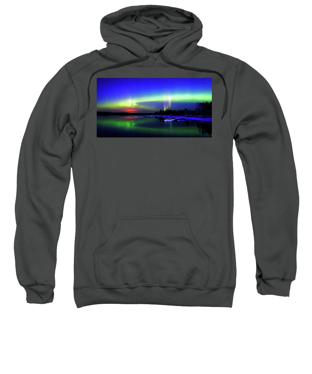 Northern Lights; Aurora; Minnesota; Duluth; Boulder Lake Sweatshirt featuring the photograph Northern Lights over Boulder Lake by Shixing Wen