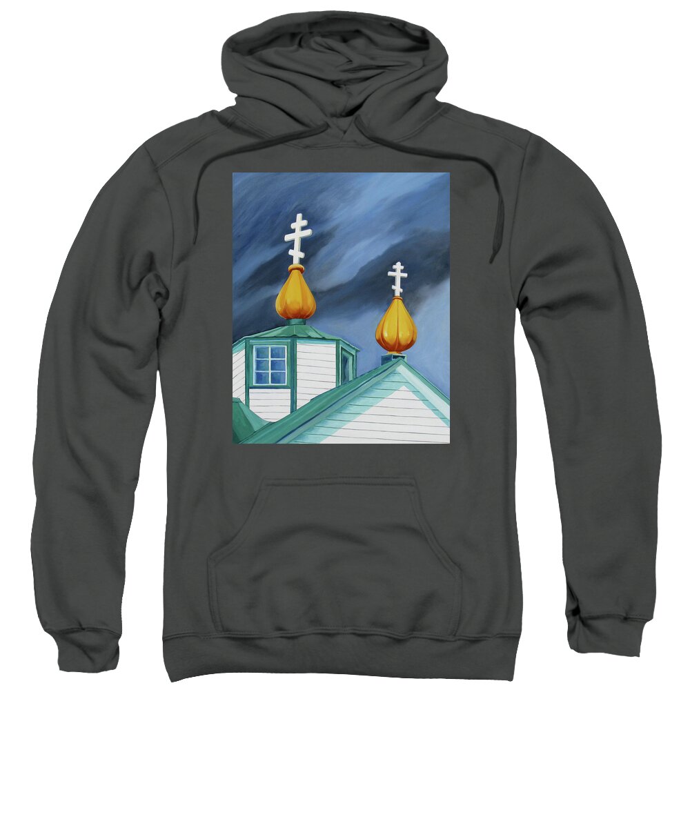 Holy Transfiguration Of Our Lord Chapel Sweatshirt featuring the painting Onion Dome Crosses, Ninichik, Alaska by Shirley Galbrecht