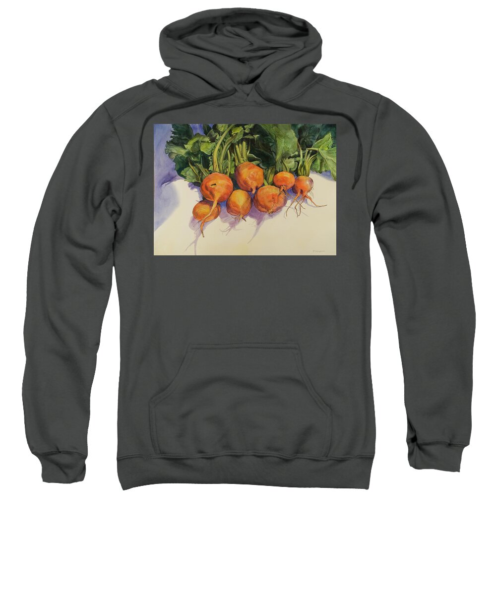 Artist Sweatshirt featuring the mixed media Orange Beets by Joan Wolbier