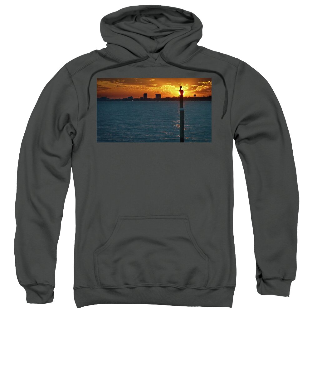 Pelican; Mississippi; Gulfport; Bay; Sky; Sunset; Clouds; Sweatshirt featuring the photograph Pelican and Sunset by George Taylor