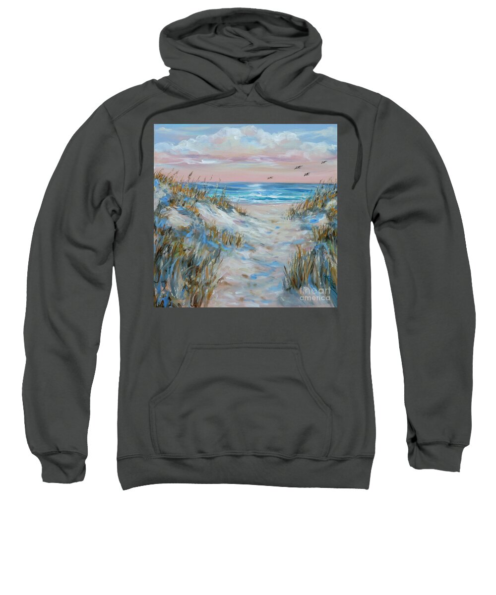 Beach Sweatshirt featuring the painting Pelicans at the Shore by Linda Olsen