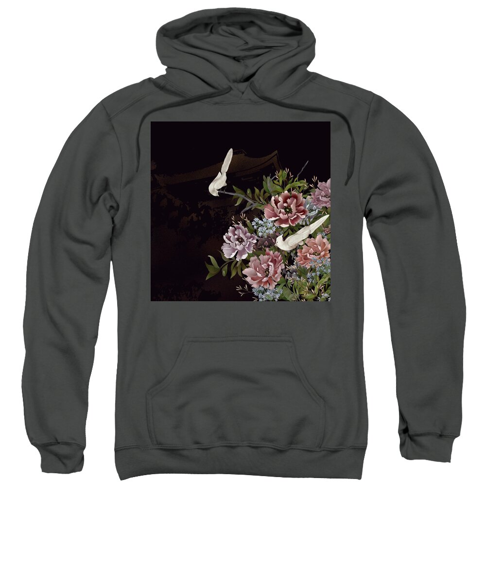 Chinoiserie Sweatshirt featuring the digital art Peonies and Birds Glitter Temple Chinoiserie by Sand And Chi