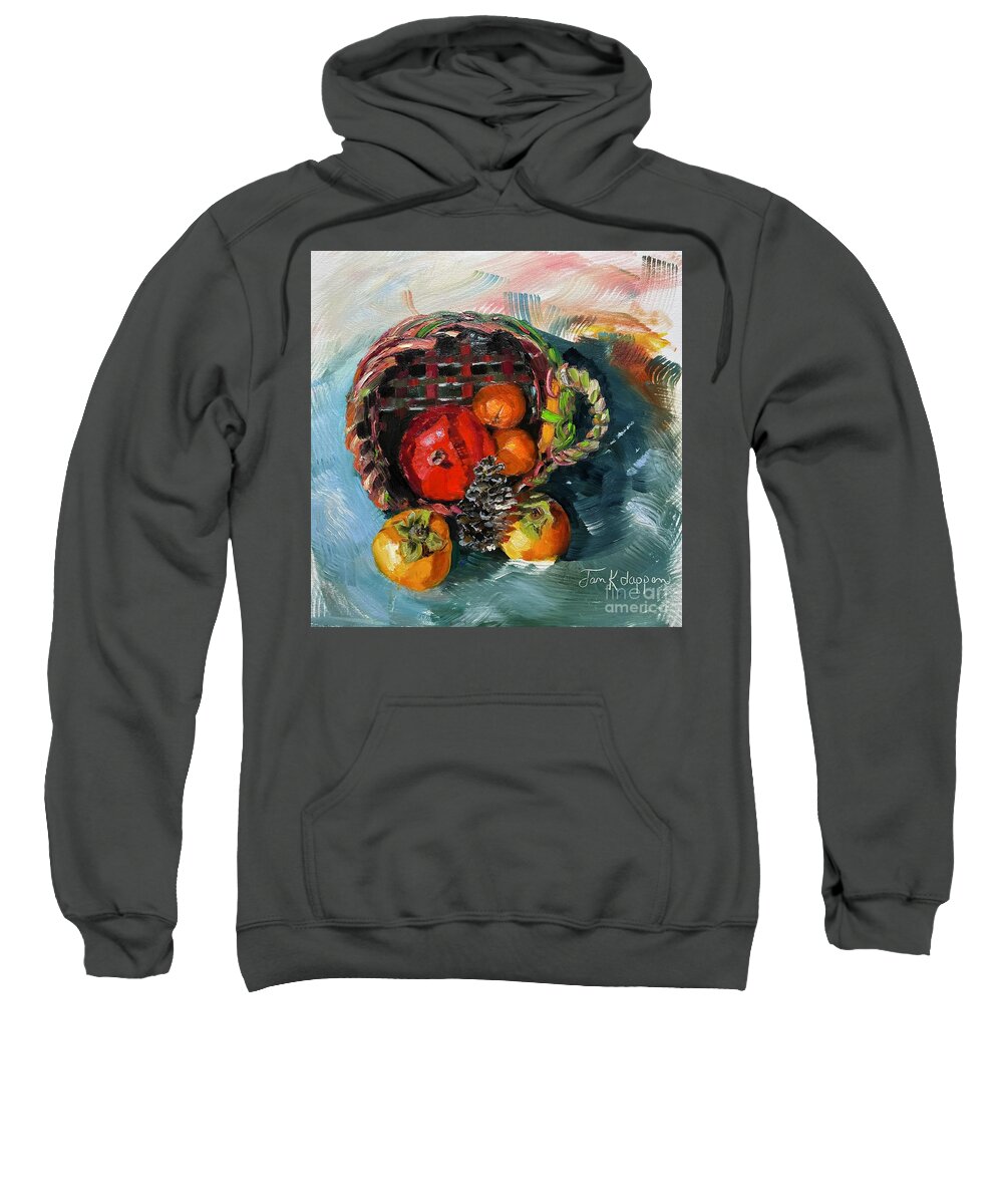 Pomegranate Sweatshirt featuring the painting Persimmons and Pomegranates in Mothers Basket by Jan Dappen